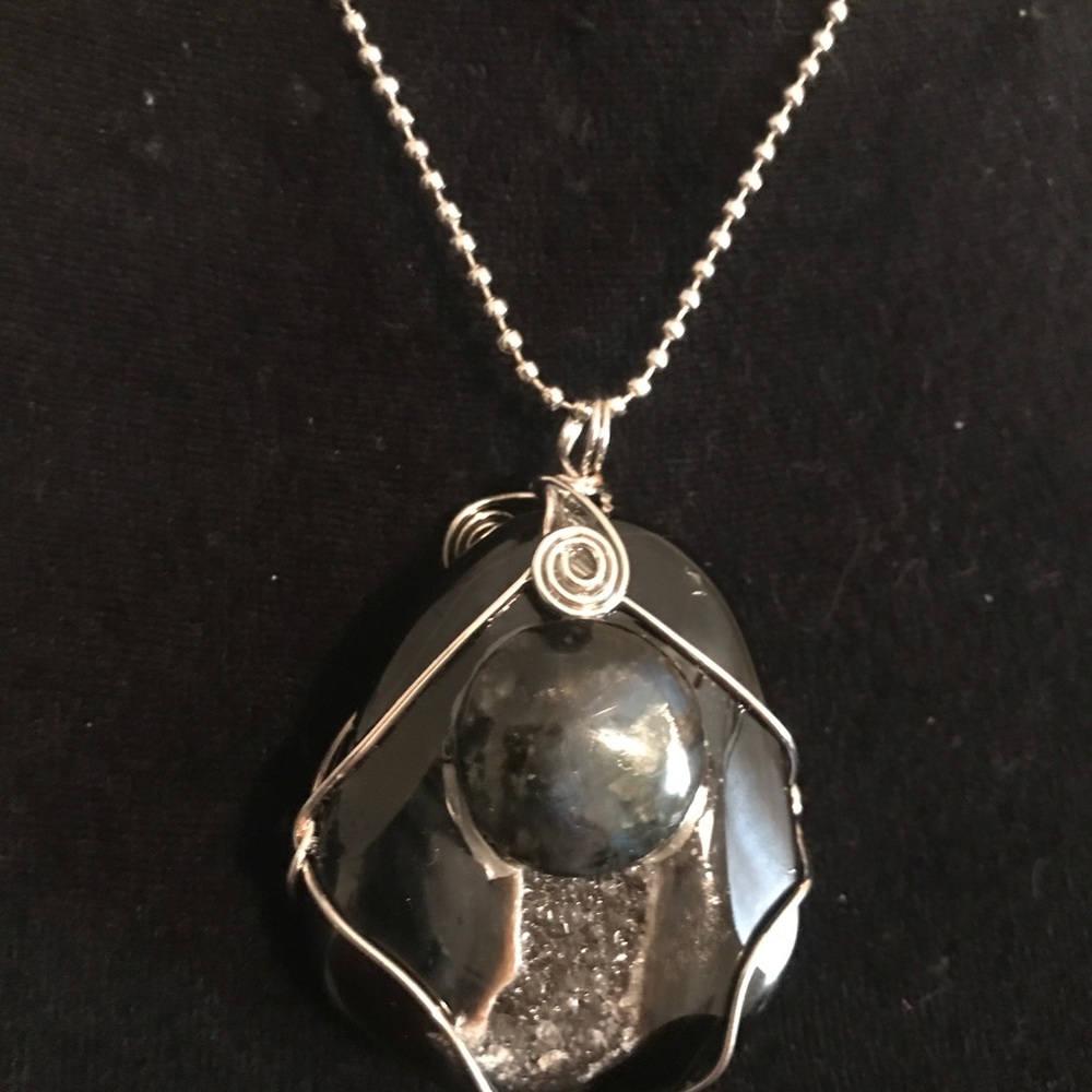 Jasper Agate Stone Necklace Wrapped Silver Chain